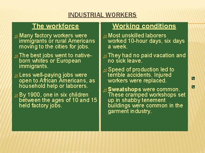 INDUSTRIAL WORKERS The workforce factory workers were immigrants or rural Americans moving to the
