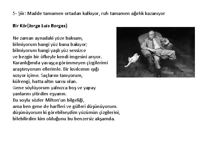 5 - Şiir: Madde tamamen ortadan kalkıyor, ruh tamamen ağırlık kazanıyor Bir Kör(Jorge Luis