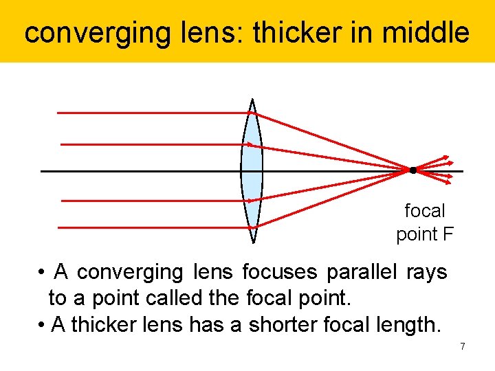 converging lens: thicker in middle focal point F • A converging lens focuses parallel