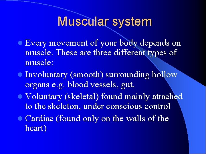 Muscular system l Every movement of your body depends on muscle. These are three