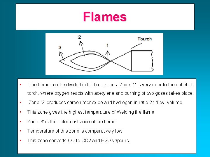Flames • The flame can be divided in to three zones. Zone ‘ 1’