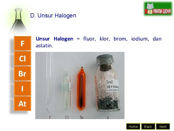 D. Unsur Halogen F Unsur Halogen = fluor, klor, brom, iodium, dan astatin. Cl