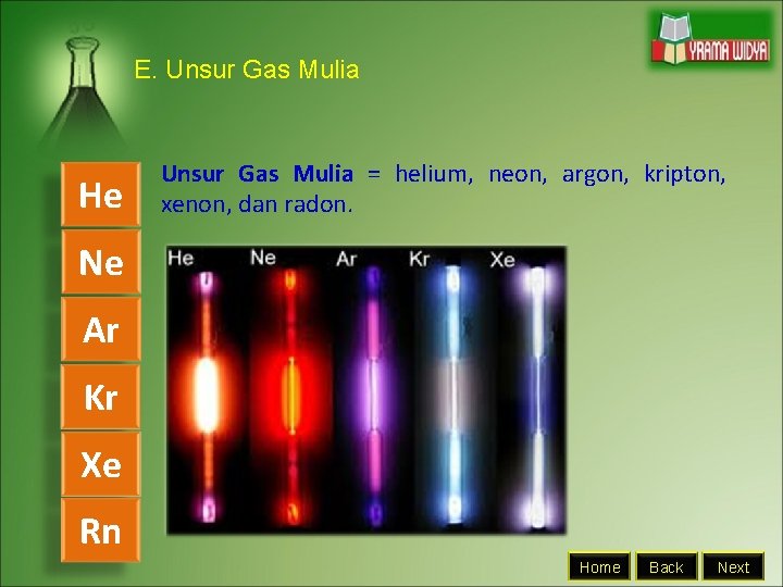 E. Unsur Gas Mulia He Unsur Gas Mulia = helium, neon, argon, kripton, xenon,