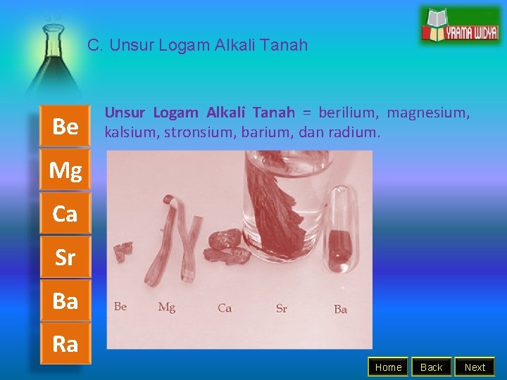 C. Unsur Logam Alkali Tanah Be Unsur Logam Alkali Tanah = berilium, magnesium, kalsium,
