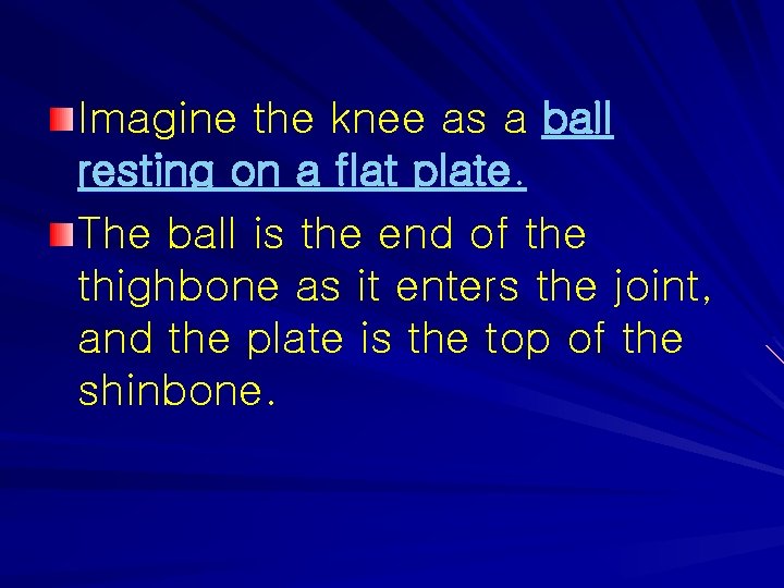 Imagine the knee as a ball resting on a flat plate. The ball is