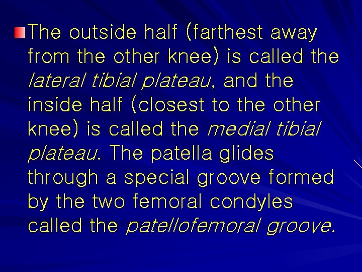 The outside half (farthest away from the other knee) is called the lateral tibial