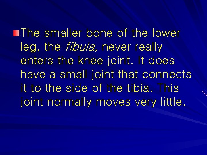 The smaller bone of the lower leg, the fibula, never really enters the knee