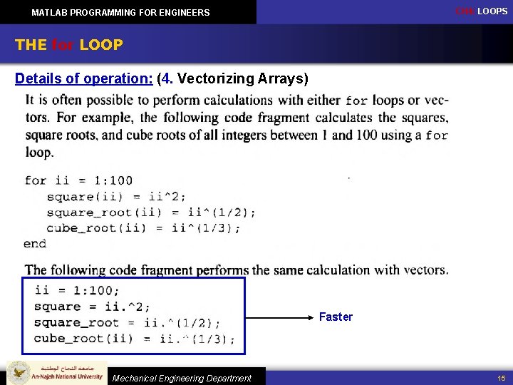 CH 4: LOOPS MATLAB PROGRAMMING FOR ENGINEERS THE for LOOP Details of operation: (4.