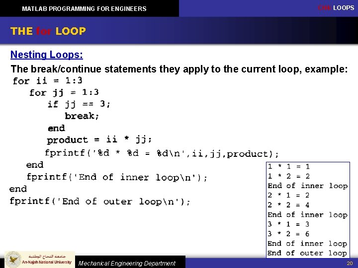 MATLAB PROGRAMMING FOR ENGINEERS CH 4: LOOPS THE for LOOP Nesting Loops: The break/continue