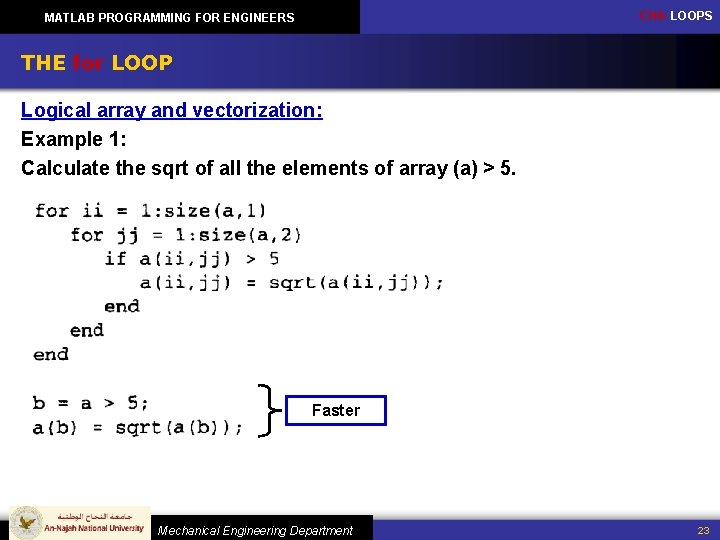 CH 4: LOOPS MATLAB PROGRAMMING FOR ENGINEERS THE for LOOP Logical array and vectorization: