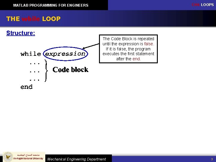 CH 4: LOOPS MATLAB PROGRAMMING FOR ENGINEERS THE while LOOP Structure: The Code Block