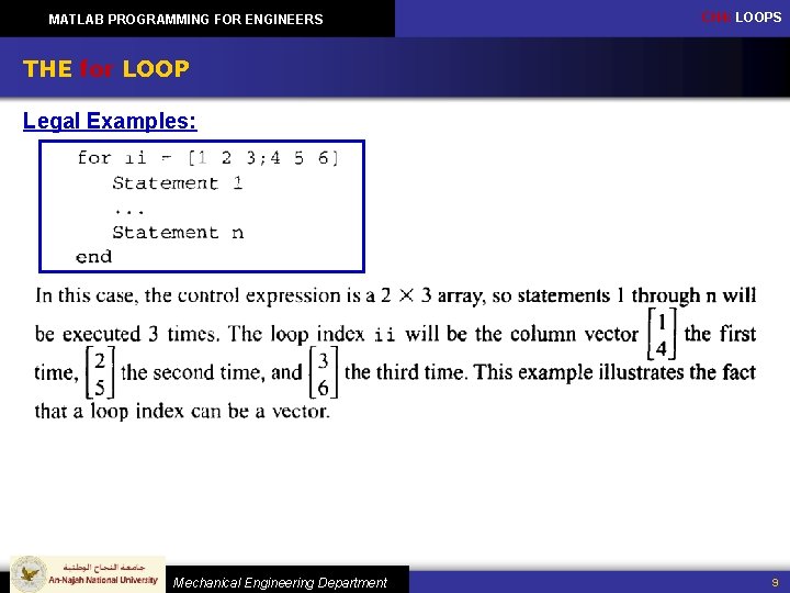 MATLAB PROGRAMMING FOR ENGINEERS CH 4: LOOPS THE for LOOP Legal Examples: Mechanical Engineering