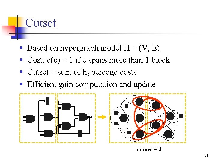 Cutset § § Based on hypergraph model H = (V, E) Cost: c(e) =