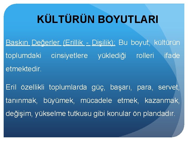 KÜLTÜRÜN BOYUTLARI Baskın Değerler (Erillik - Dişilik): Bu boyut, kültürün toplumdaki cinsiyetlere yüklediği rolleri