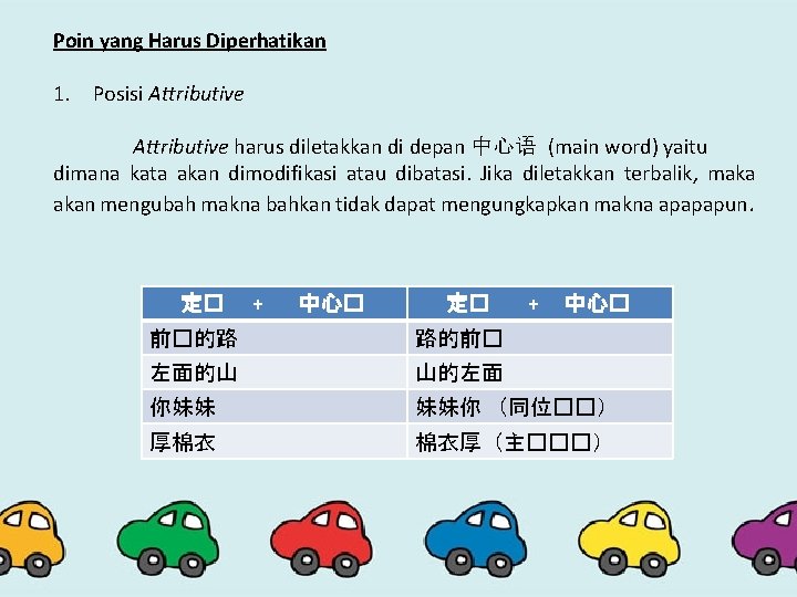 Poin yang Harus Diperhatikan 1. Posisi Attributive harus diletakkan di depan 中心语 (main word)