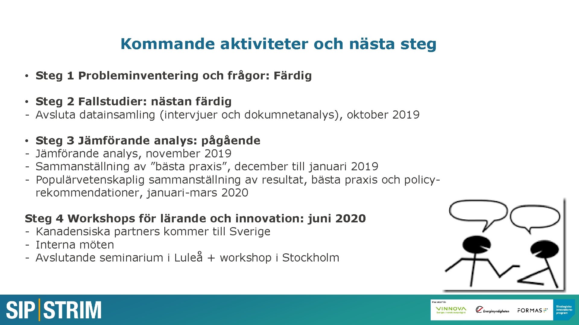 Kommande aktiviteter och nästa steg • Steg 1 Probleminventering och frågor: Färdig • Steg