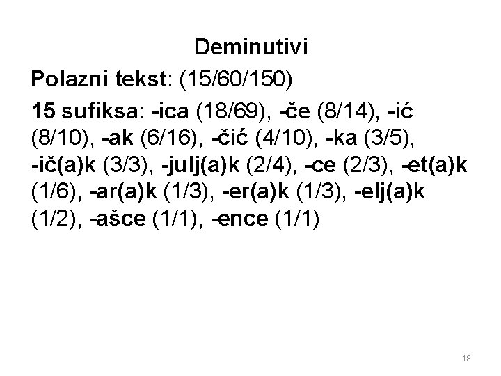 Deminutivi Polazni tekst: (15/60/150) 15 sufiksa: -ica (18/69), -če (8/14), -ić (8/10), -ak (6/16),