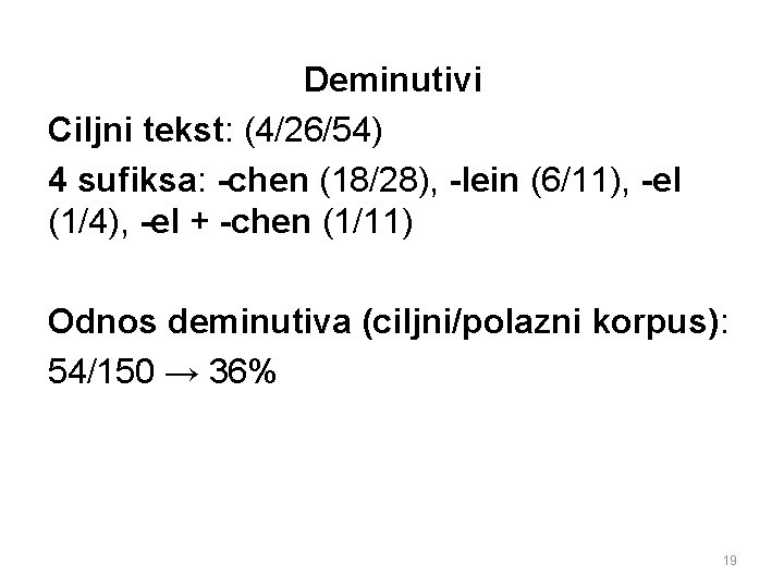 Deminutivi Ciljni tekst: (4/26/54) 4 sufiksa: -chen (18/28), -lein (6/11), -el (1/4), -el +