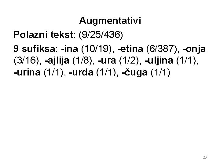 Augmentativi Polazni tekst: (9/25/436) 9 sufiksa: -ina (10/19), -etina (6/387), -onja (3/16), -ajlija (1/8),