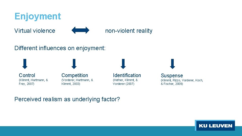 Enjoyment Virtual violence non-violent reality Different influences on enjoyment: Control Competition Identification Suspense (Klimmt,