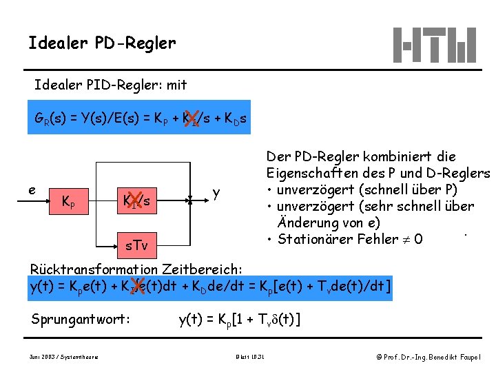 Idealer PD-Regler Idealer PID-Regler: mit X GR(s) = Y(s)/E(s) = KP + KI/s +