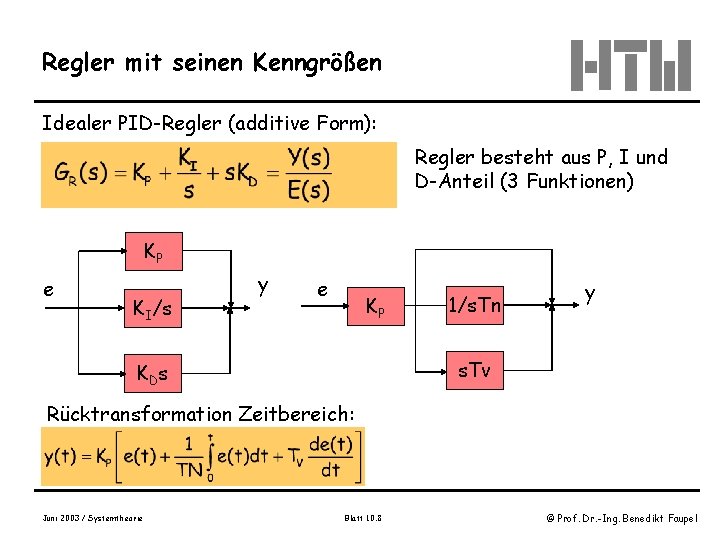 Regler mit seinen Kenngrößen Idealer PID-Regler (additive Form): Regler besteht aus P, I und