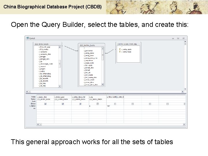 China Biographical Database Project (CBDB) Open the Query Builder, select the tables, and create