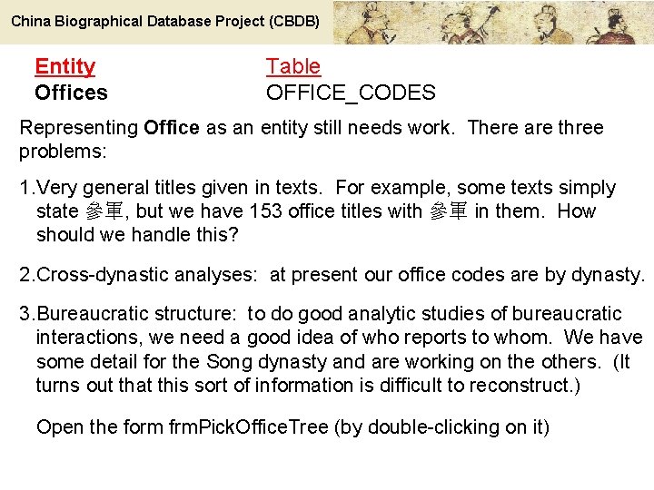 China Biographical Database Project (CBDB) Entity Offices Table OFFICE_CODES Representing Office as an entity