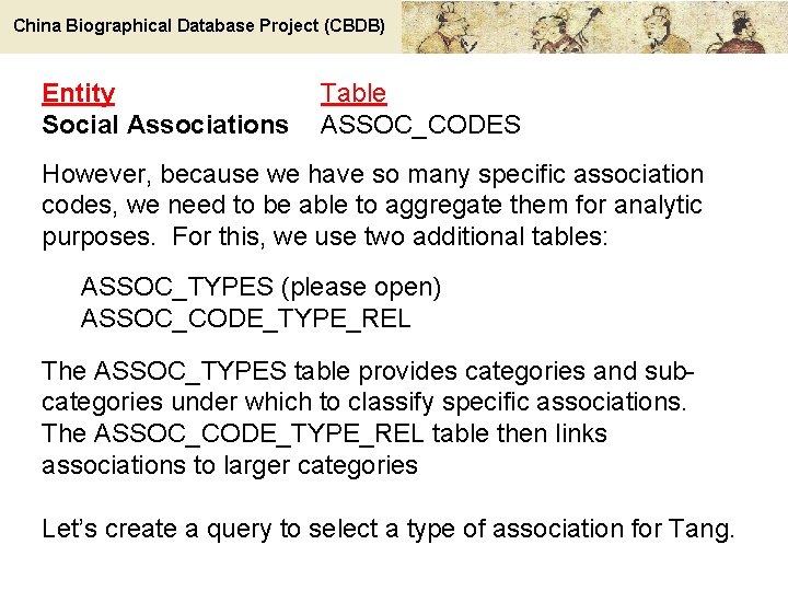 China Biographical Database Project (CBDB) Entity Social Associations Table ASSOC_CODES However, because we have