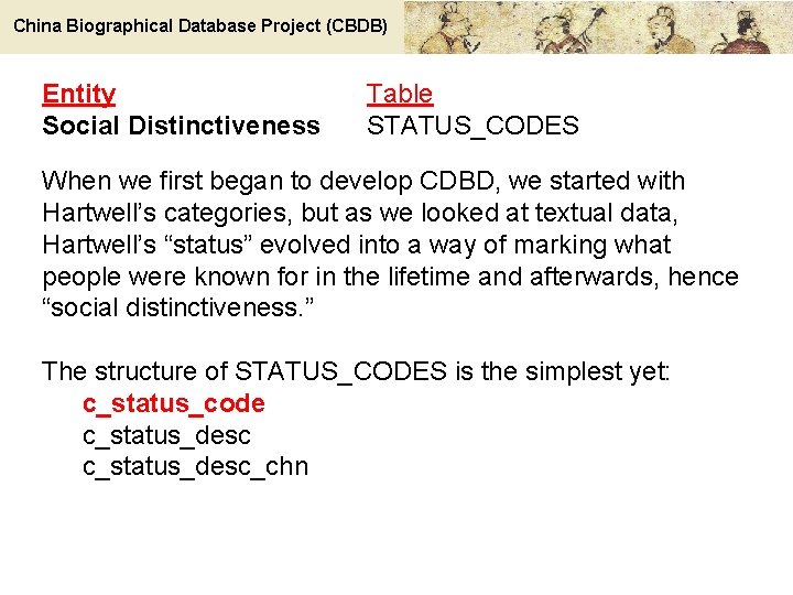 China Biographical Database Project (CBDB) Entity Social Distinctiveness Table STATUS_CODES When we first began