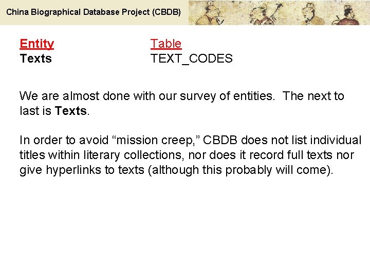 China Biographical Database Project (CBDB) Entity Texts Table TEXT_CODES We are almost done with