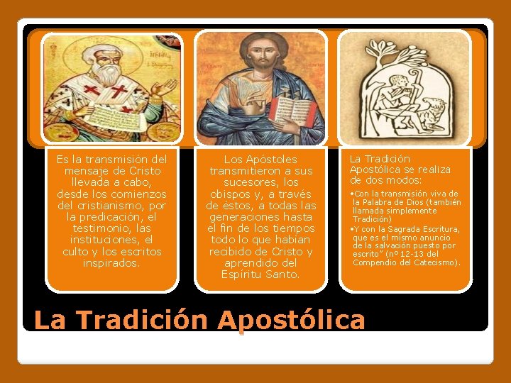 Es la transmisión del mensaje de Cristo llevada a cabo, desde los comienzos del