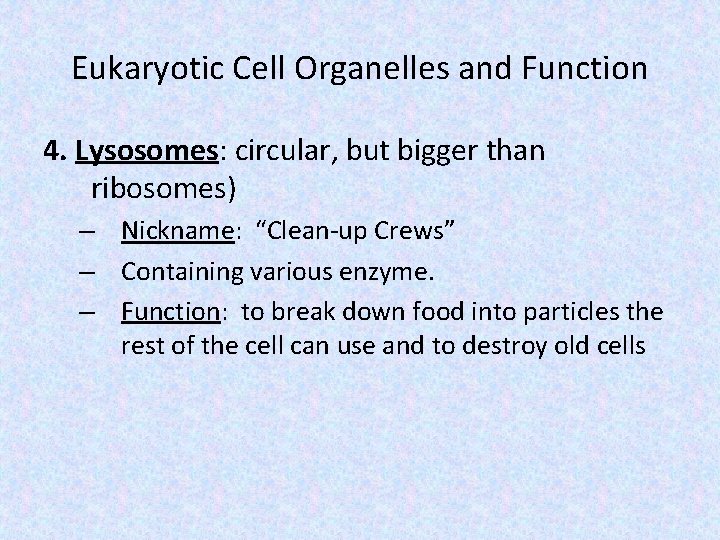 Eukaryotic Cell Organelles and Function 4. Lysosomes: circular, but bigger than ribosomes) – Nickname: Eukaryotic Cell Organelles and Function 4. Lysosomes: circular, but bigger than ribosomes) – Nickname: