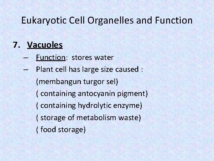 Eukaryotic Cell Organelles and Function 7. Vacuoles – Function: stores water – Plant cell