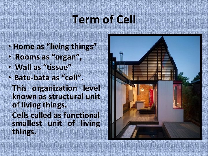 Term of Cell • Home as “living things” • Rooms as “organ”, • Wall
