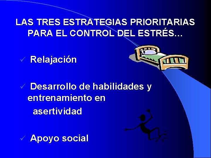 LAS TRES ESTRATEGIAS PRIORITARIAS PARA EL CONTROL DEL ESTRÉS… ü ü ü Relajación Desarrollo