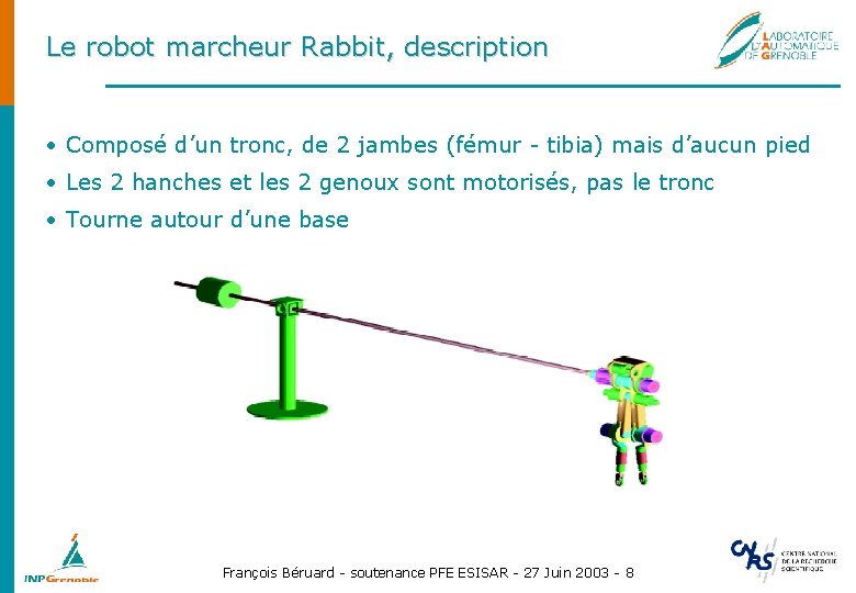 Le robot marcheur Rabbit, description • Composé d’un tronc, de 2 jambes (fémur -