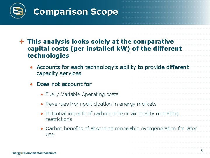 Comparison Scope This analysis looks solely at the comparative capital costs (per installed k.