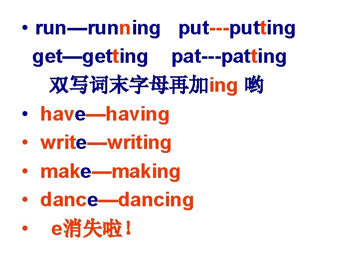  • run—running put---putting get—getting pat---patting 双写词末字母再加ing 哟 • have—having • write—writing • make—making