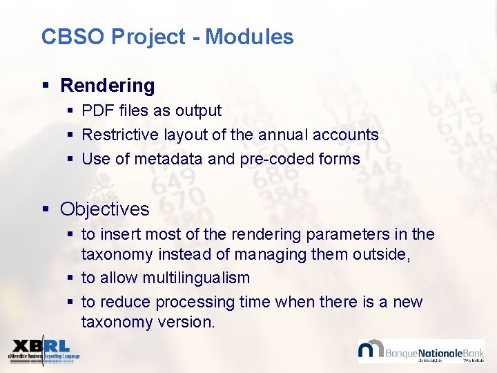 CBSO Project - Modules § Rendering § PDF files as output § Restrictive layout