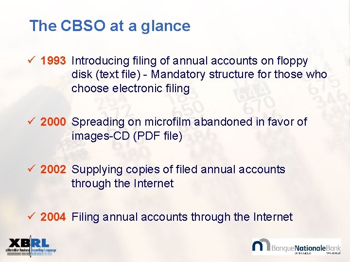 The CBSO at a glance ü 1993 Introducing filing of annual accounts on floppy