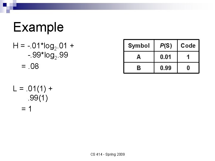 Example H = -. 01*log 2. 01 + -. 99*log 2. 99 =. 08