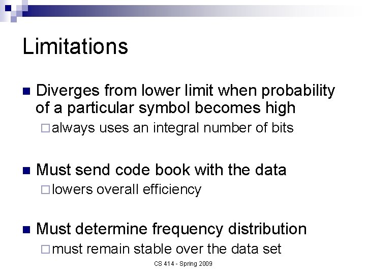 Limitations n Diverges from lower limit when probability of a particular symbol becomes high