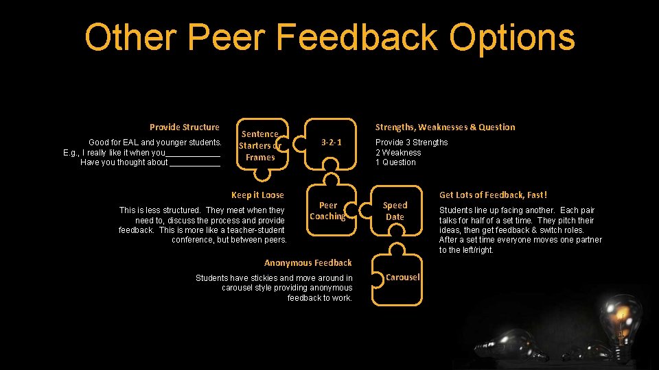 Other Peer Feedback Options Provide Structure Good for EAL and younger students. E. g.