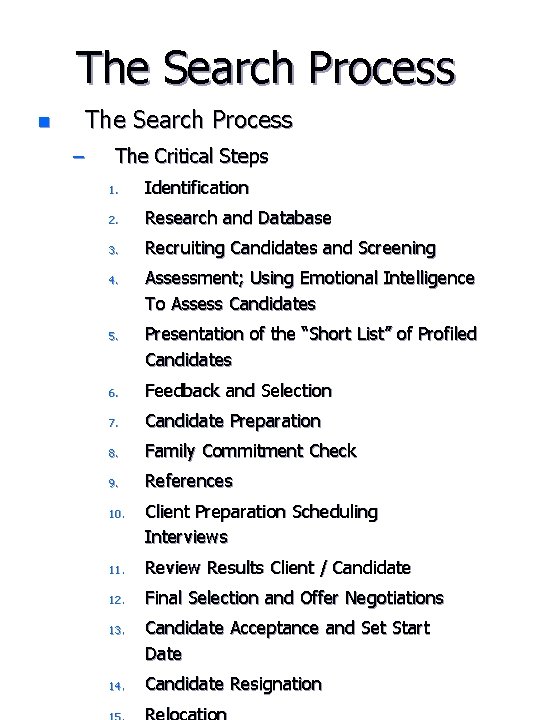 The Search Process n The Search Process – The Critical Steps 1. Identification 2.