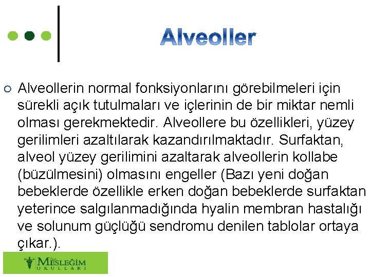 ○ Alveollerin normal fonksiyonlarını görebilmeleri için sürekli açık tutulmaları ve içlerinin de bir miktar