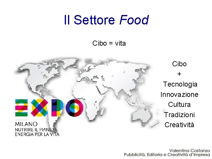 Il Settore Food Cibo = vita Cibo + Tecnologia Innovazione Cultura Tradizioni Creatività 