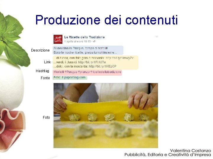 Produzione dei contenuti Descrizione Link Hashtag Fonte Foto 