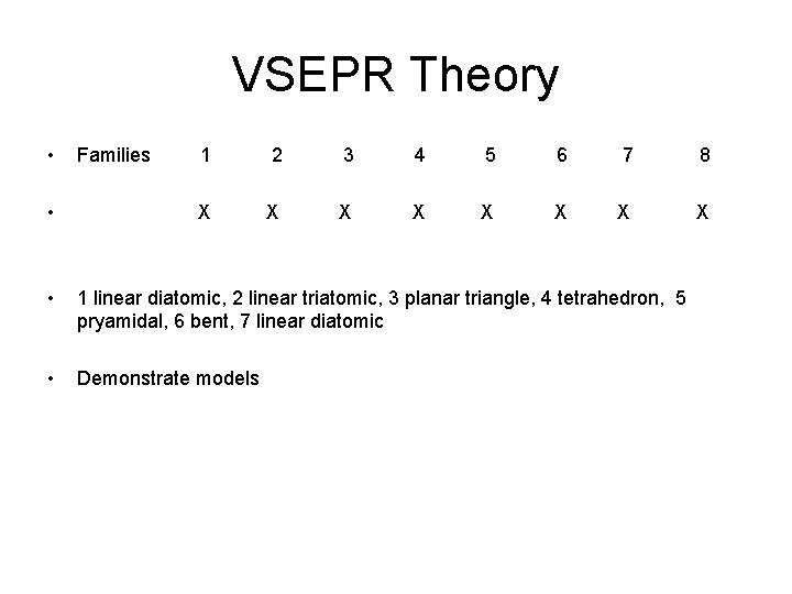 VSEPR Theory • • Families 1 2 3 4 5 6 7 8 X