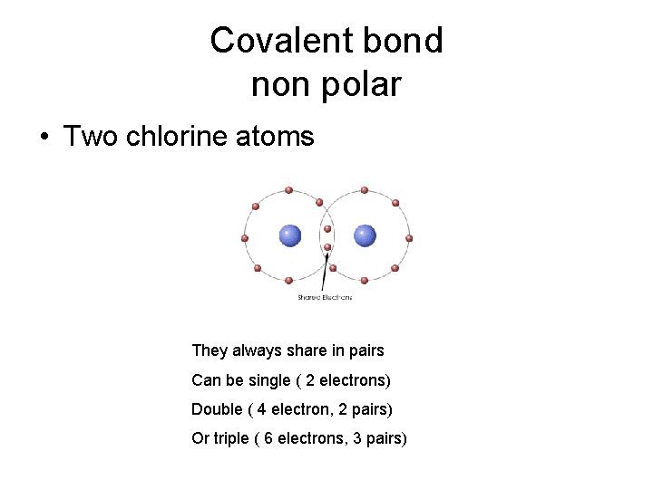 Covalent bond non polar • Two chlorine atoms They always share in pairs Can